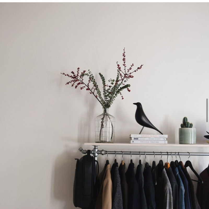 Clothing rack made from silver water pipes with shelf in light pine on the top for decoration